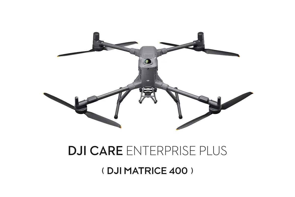 DJI Matrice 400 drone with Care Enterprise Plus by EE GROUP, showcasing the quadcopter with camera and landing gear in a professional setting.