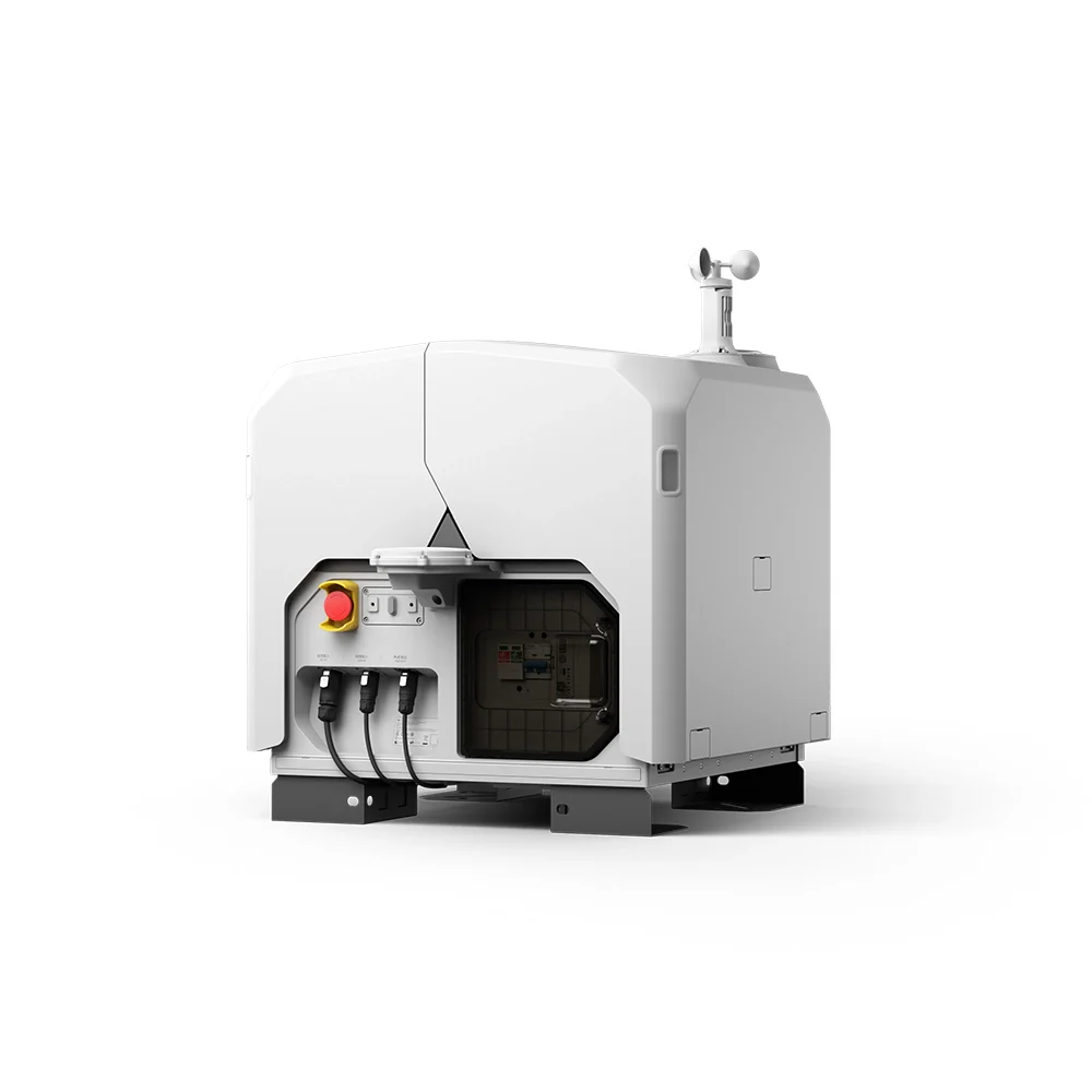DJI Dock 3 by EE Group showing a sleek, compact drone docking station with ports and connectivity features on a neutral background.