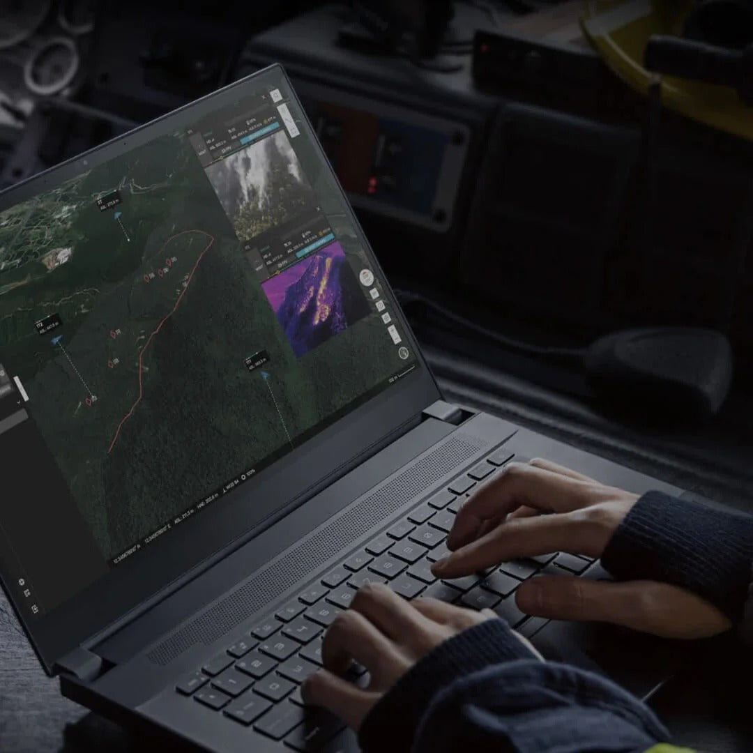 DJI FlightHub 2 AIO Combo by EE GROUP, overseas standard, showing the drone management software interface on a screen.