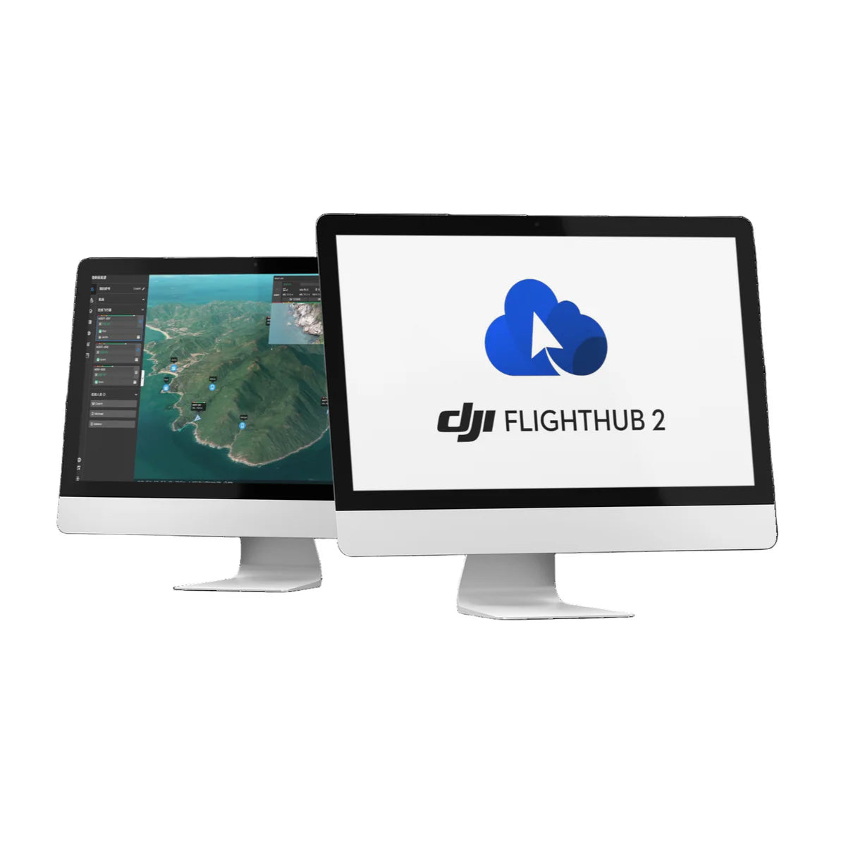 DJI FlightHub 2 Livestream Minutes Recharge Package displayed on two iMac computers against a plain background.